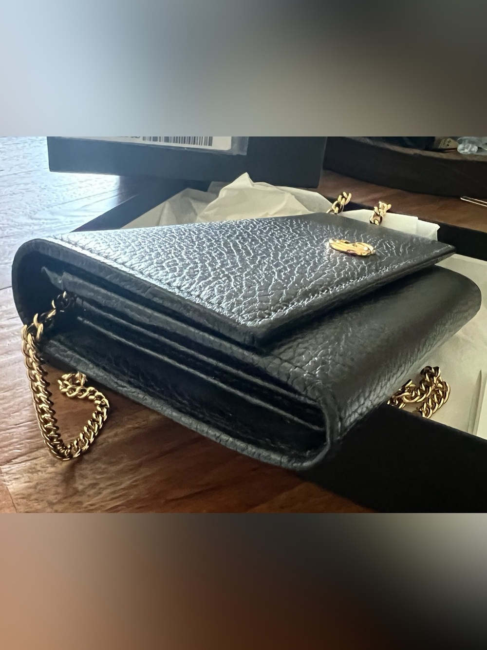 GUCCI Authentic Calfskin leather black and gold wallet on a chain clutch w/ box - Picture 3 of 7
